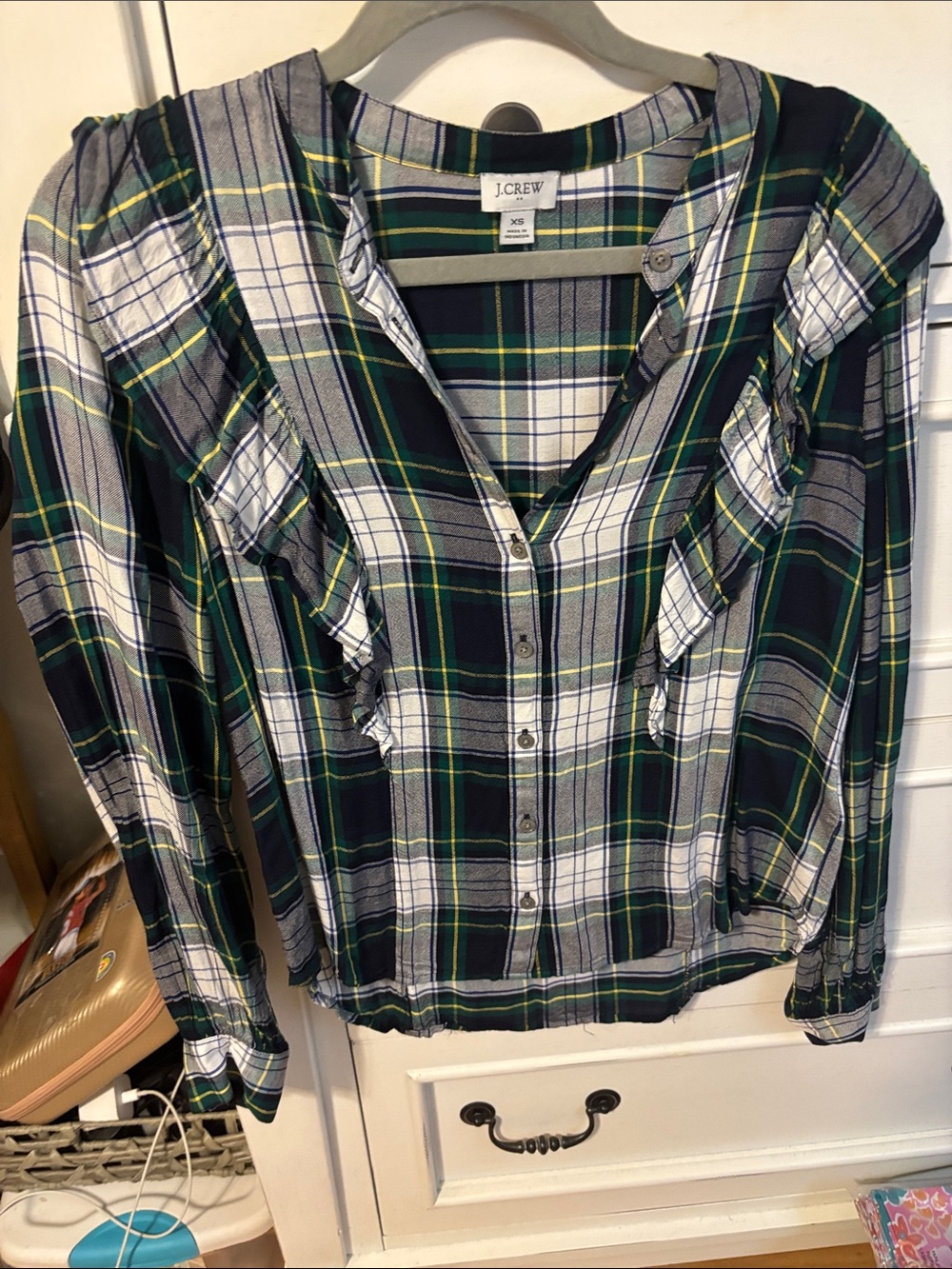 J. Crew Navy White Green Plaid Ruffle Button-Front Top